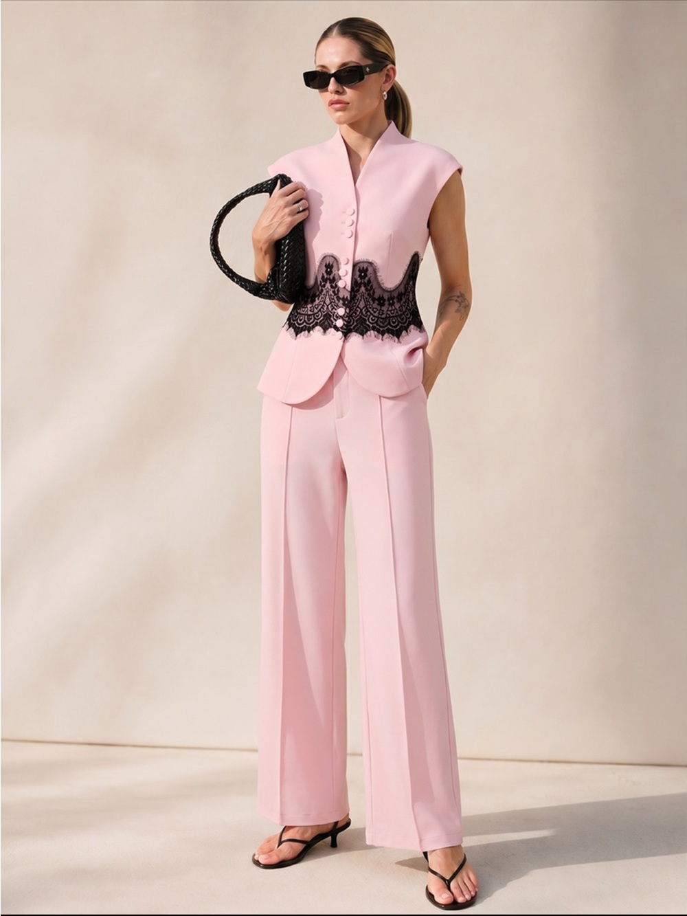 Commense Pink Wide-Leg 2 Piece Pant Set with Black Lace Waist Detail